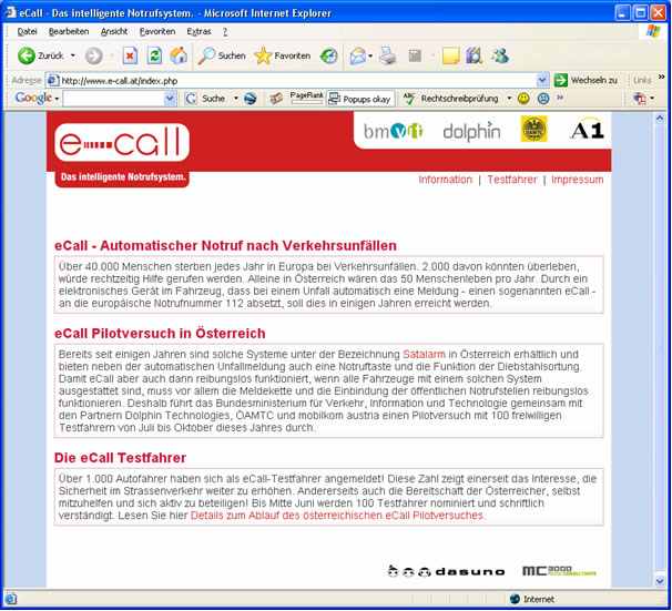 Abbildung 1: eCall Website